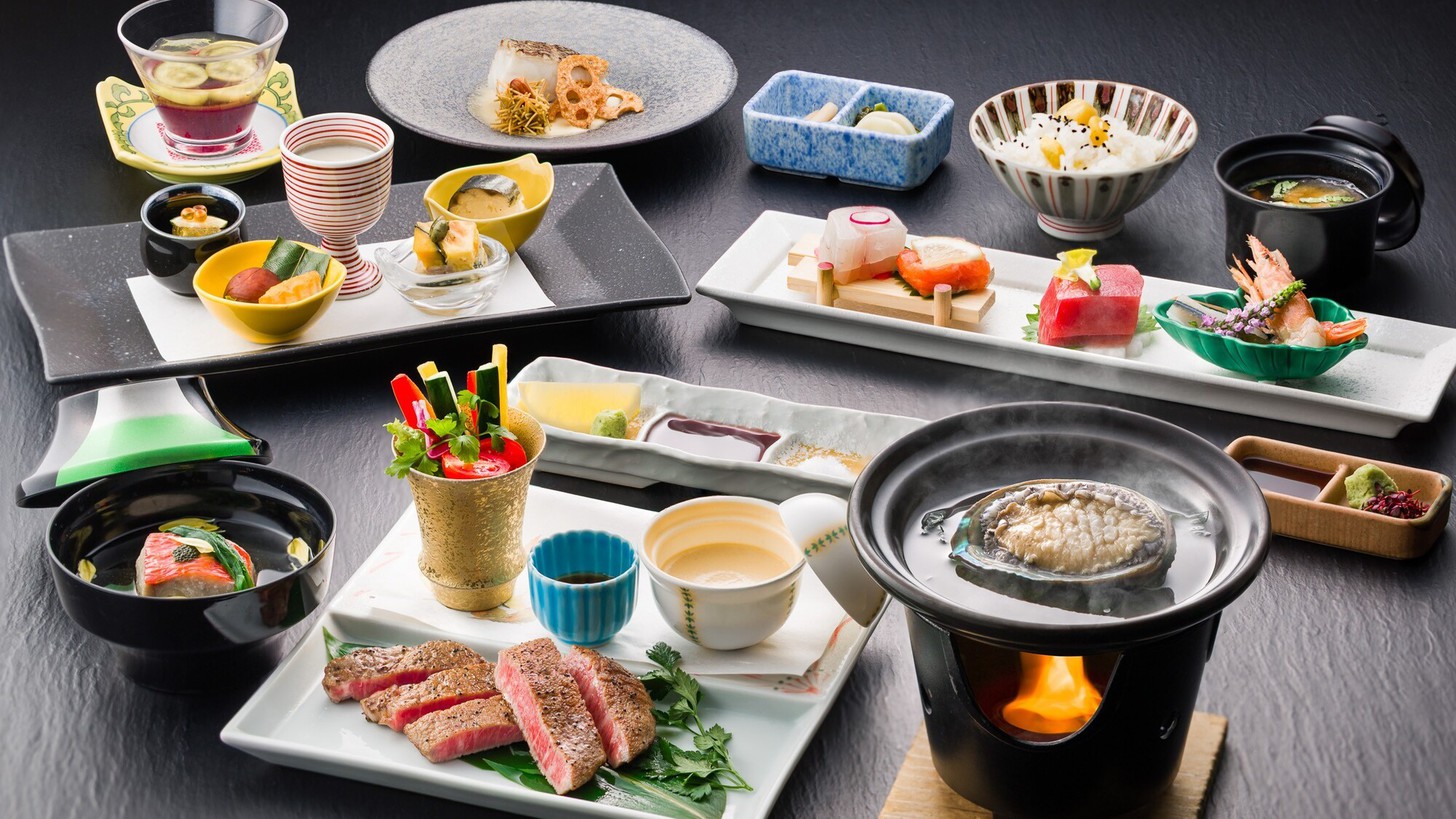 甲州牛フィレステーキと蝦夷鮑の踊り焼きを贅沢に味わう季節の和会席（イメージ）