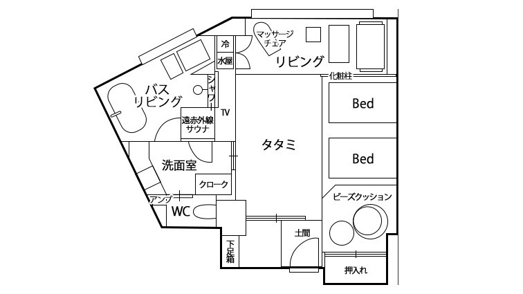 月観バスリビング&プライベートサウナ付和洋スイート／ツインベッドと、畳にお布団が3枚まで用意可能です