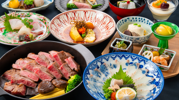 【肉と魚のWメイン】大分の味覚堪能！大分名物ヒラメ＆おおいた和牛ステーキの欲張りプラン＜１泊２食付＞