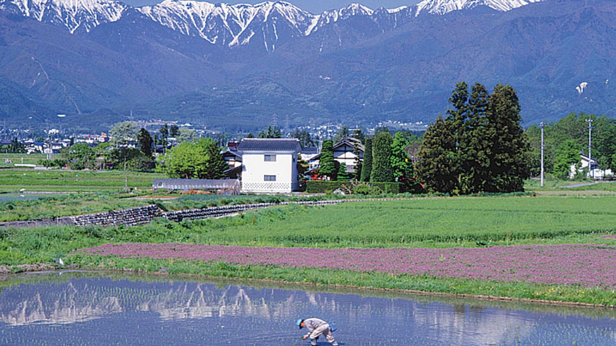 [春の安曇野]雪化粧の残るアルプスの山並みと安曇野の田園風景