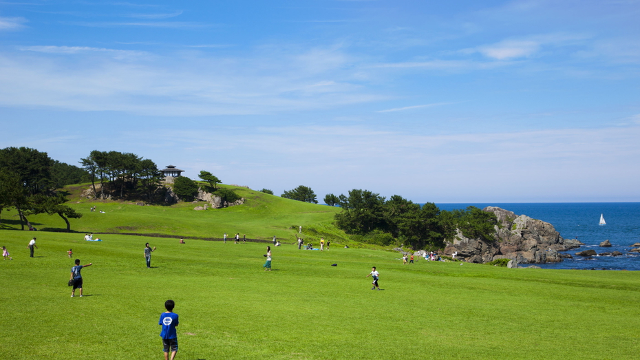 【国立公園・種差海岸】車で約２０分。「種差天然芝生地」では異国情緒漂う風景が広がります。