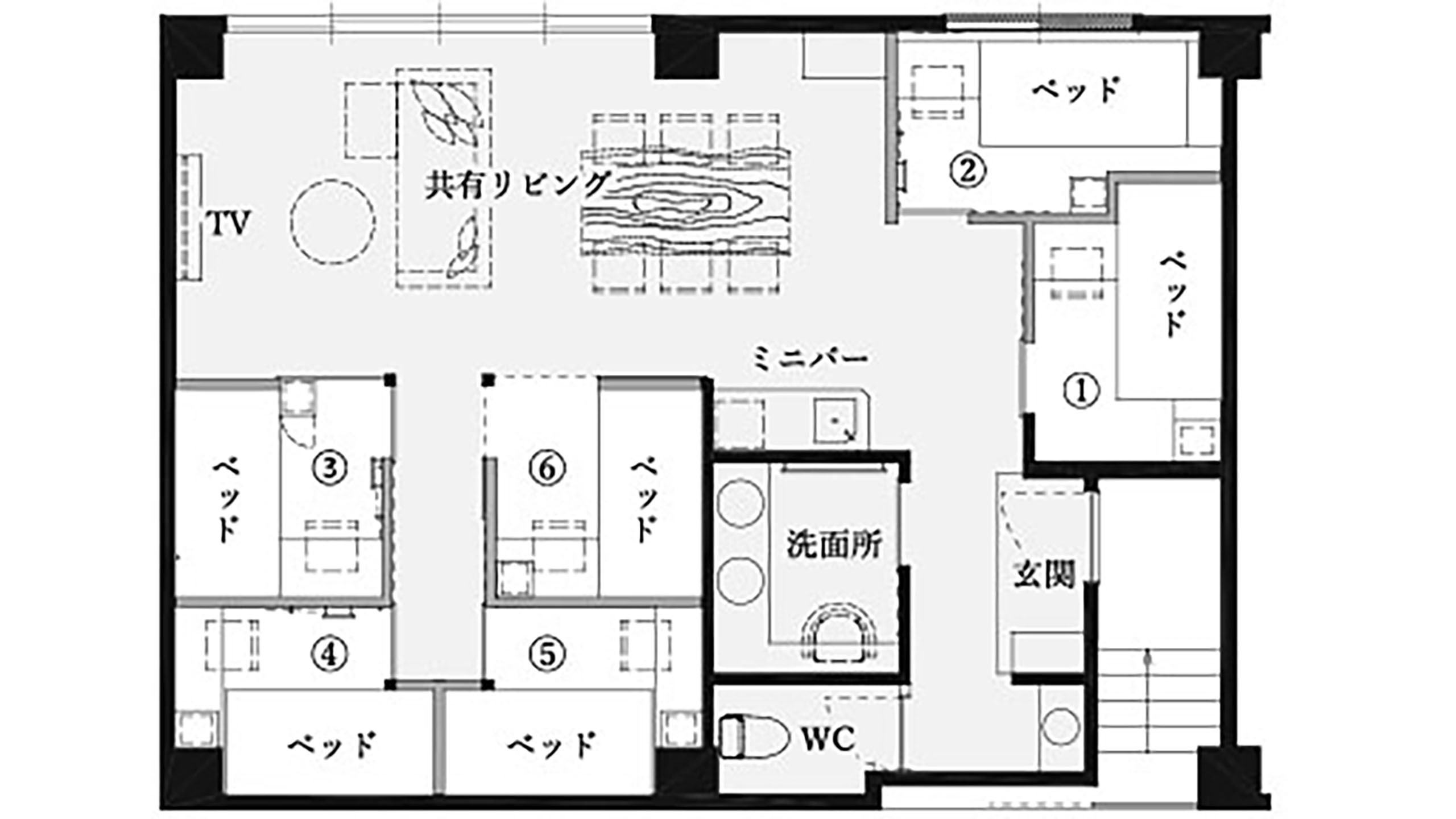 【コンパートメント客室】６ベッドタイプー蓼科ー（間取り図）