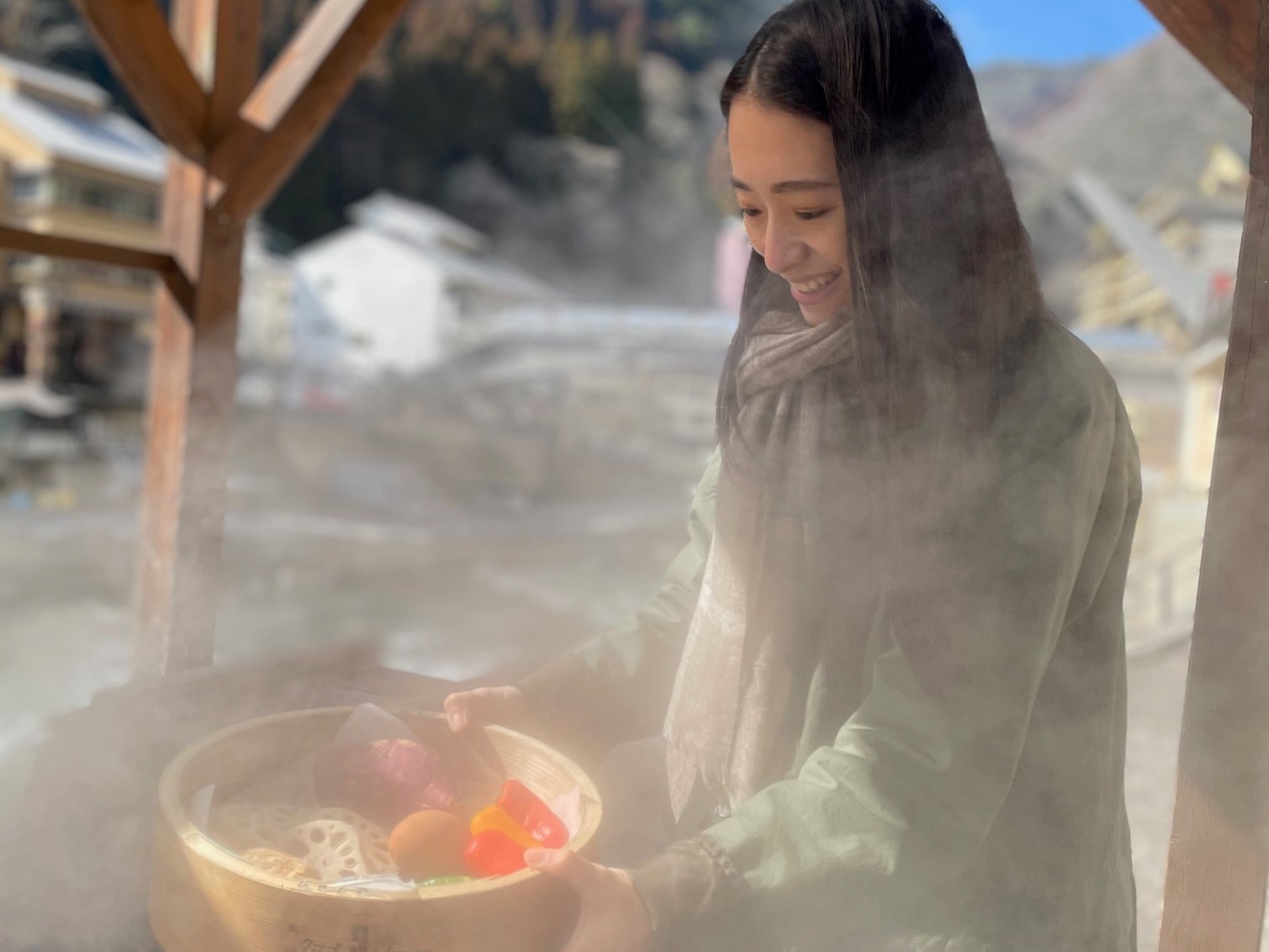 蒸し場で野菜を