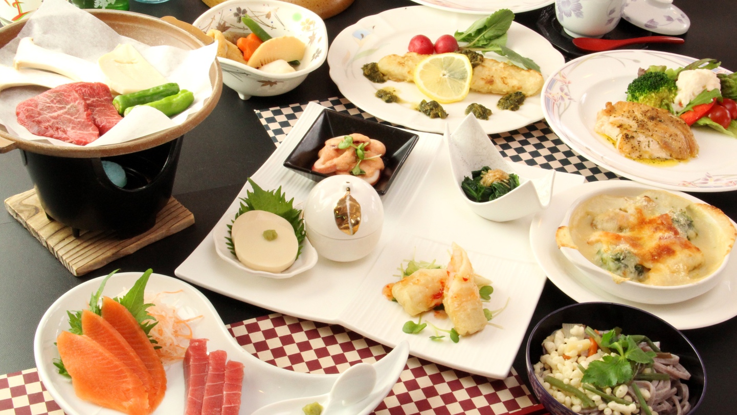 【夕食一例】信州の自然の恵みがたくさん詰まった和洋折衷の手料理。