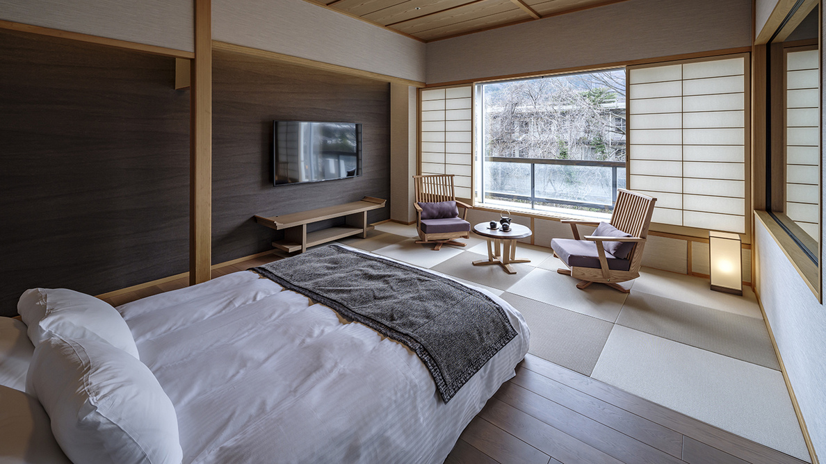 【コンセプトフロア「坐楽」ダブル】2023年3月オープン。温泉付のモダンなお部屋です。