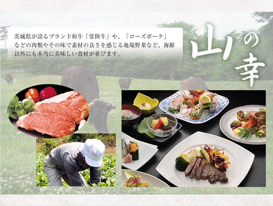 山の幸 茨城県が誇るブランド和牛「常陸牛」や、「ローズポーク」などの肉類やその味で素材の良さを感じる地場野菜など、海鮮以外にも本当に美味しい食材が並びます。