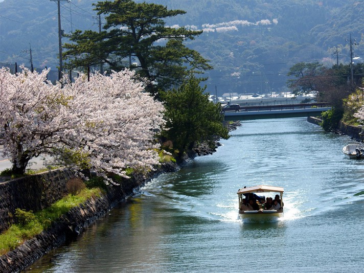 【萩八景遊覧船】萩城跡横の指月橋からスタートし、橋本川をめぐる約40分の遊覧船のコース。（徒歩5分）