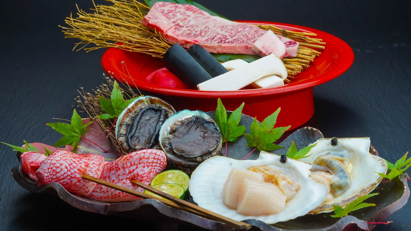 味の芸術A4前沢牛&三陸産活鮑、海鮮焼きが付いた極上いろり料理！