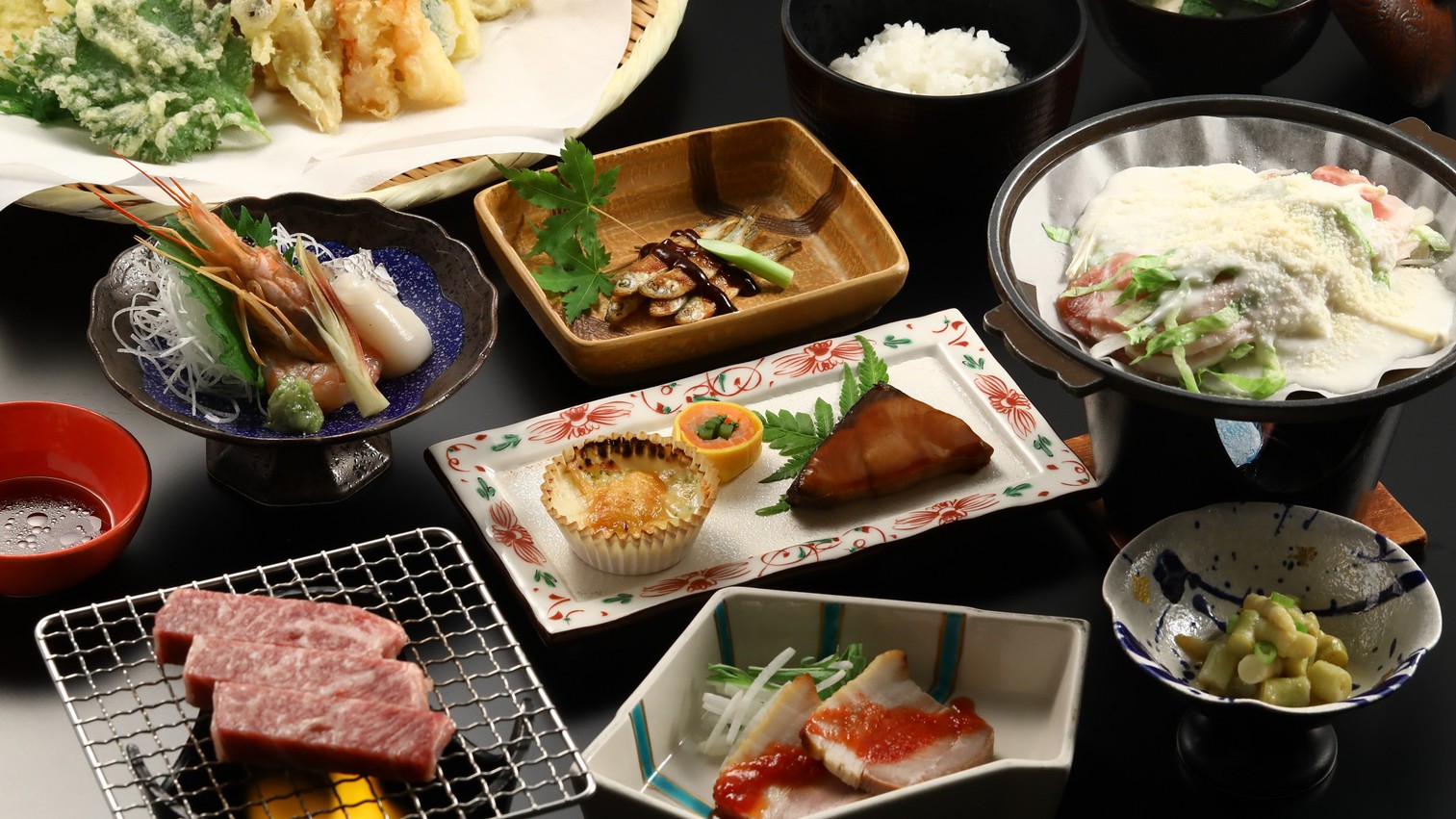 信州牛の網焼きメインのお料理一例