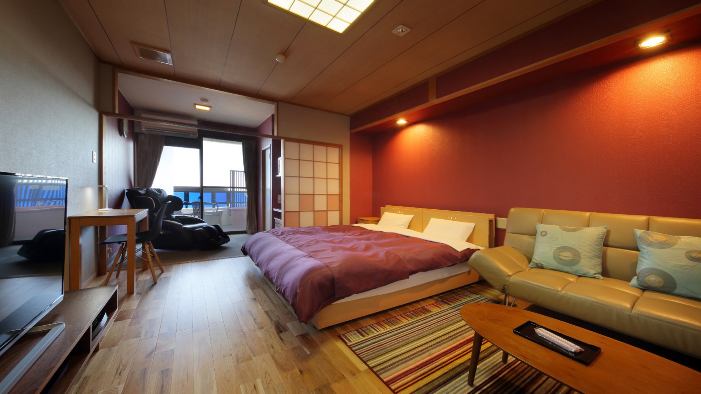 お部屋の一例新岬感最上階の洋室（ダブル）小ぶりな露天風呂&マッサージチェア付き