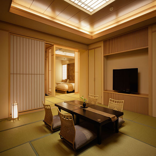 本間とベッドルーム【温泉露天風呂付客室】富士山を望む和洋室(80平米)