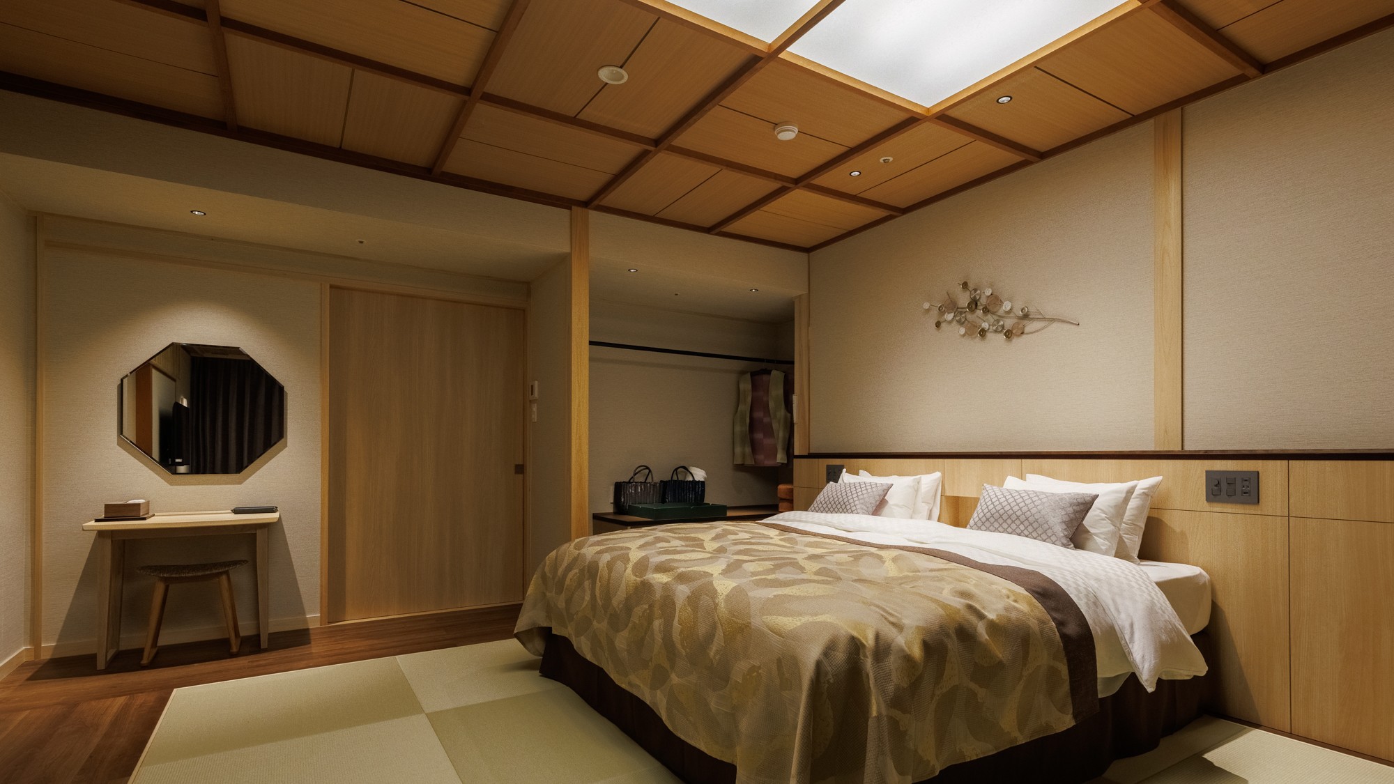 【静龍｜キングベッドルーム】静謐な和空間。シモンズ製キングサイズベッドでゆったりお休みください