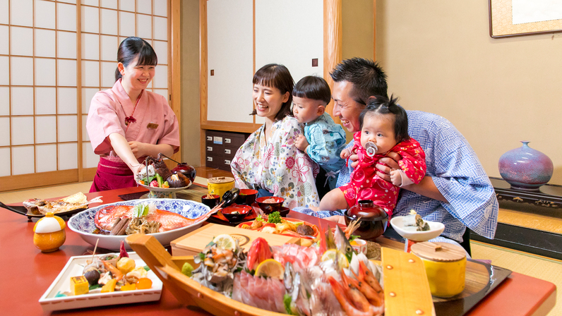 大きな舟盛も、金目鯛煮付けまるごと一尾もお部屋でお楽しみいただけます。