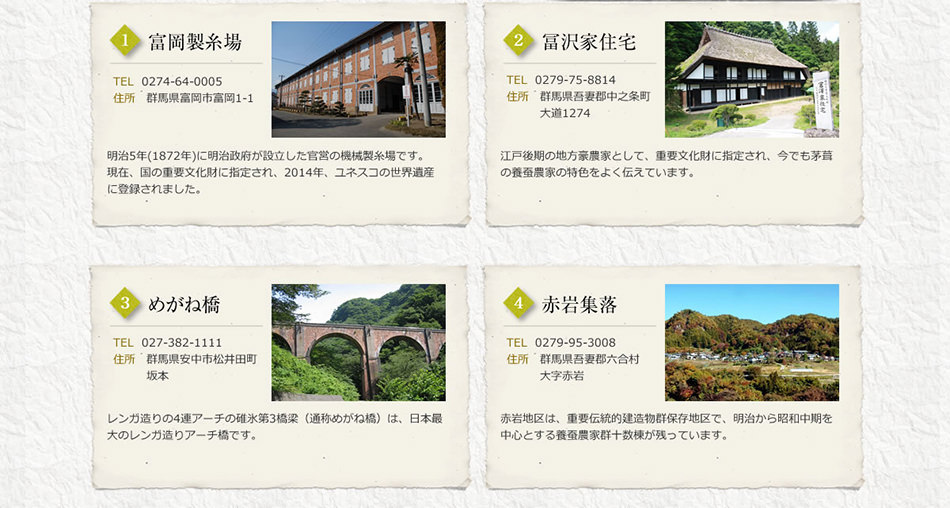 富岡製糸工場、冨沢家住宅、めがね橋、赤岩集落