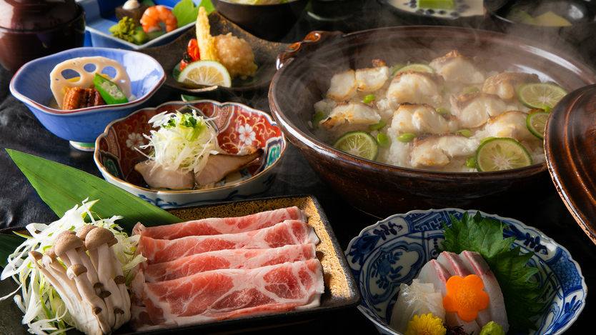 おおいた天然”;関鯛”;の土鍋飯と極み出し汁の錦雲豚しゃぶしゃぶ