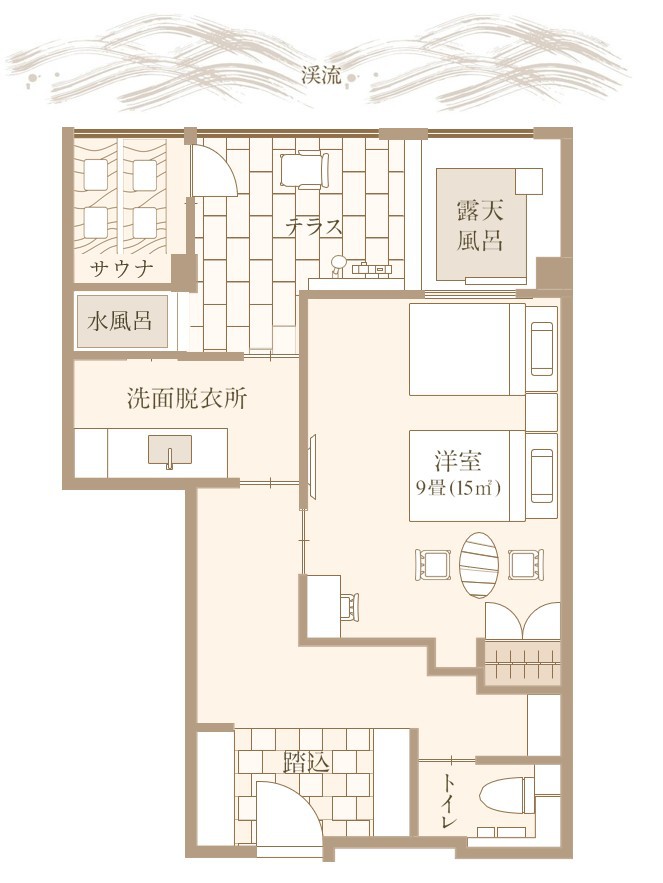 【渓流眺望】源泉露天風呂&サウナ付き洋室ツインの間取り