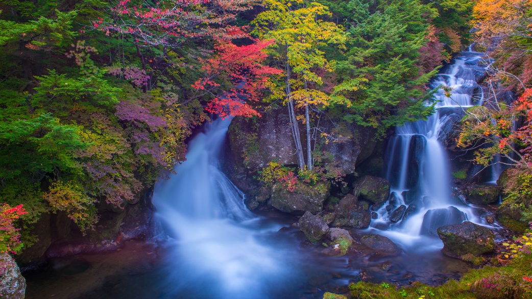 **【竜頭の滝】中禅寺湖へと注ぎ流れ落ちる滝。色鮮やかな紅葉が取り囲む眺めは写真に収めたい絶景！