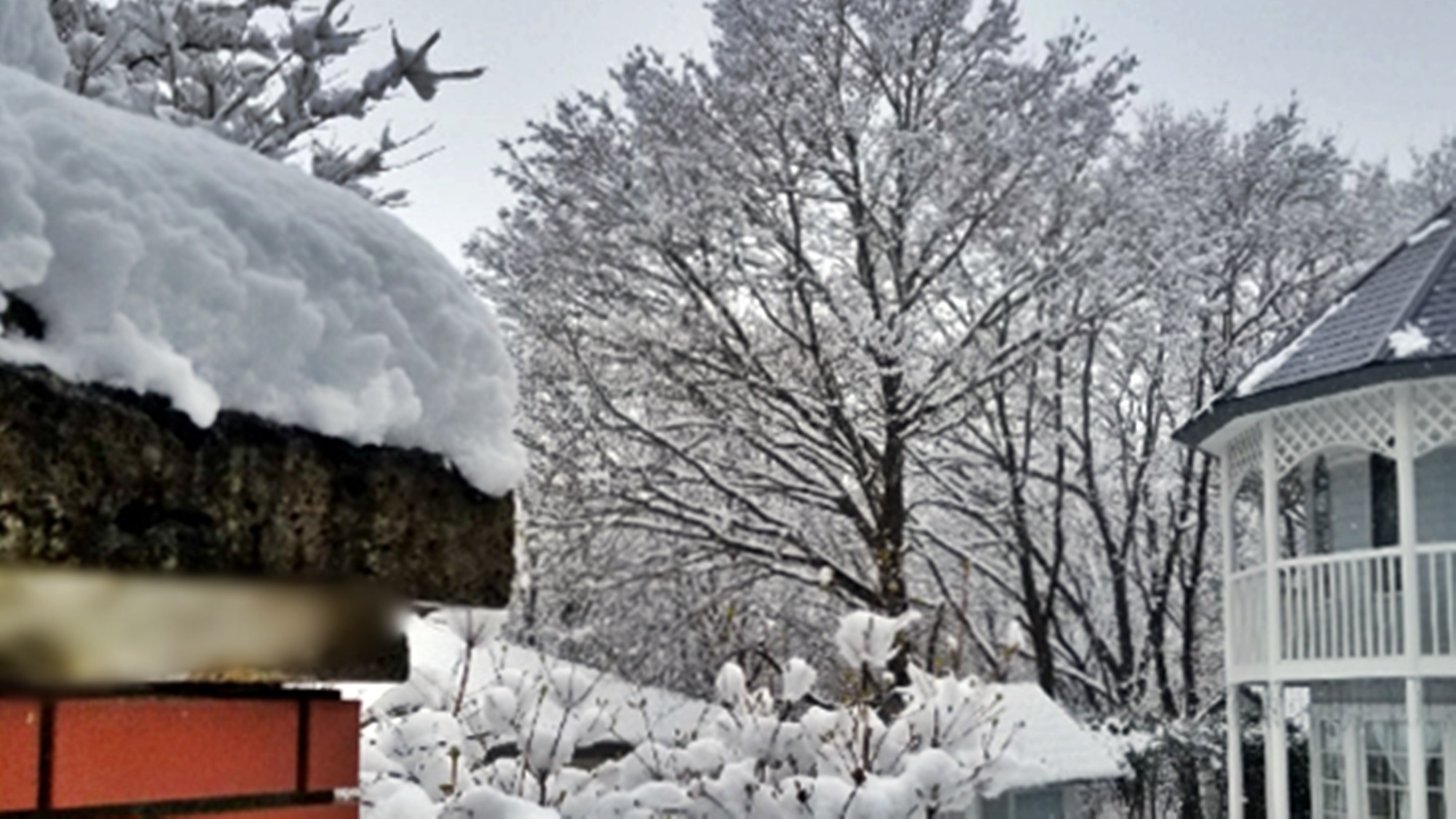 *【冬の外観】春先でもこんなにこんもりと雪が積もることもあります。