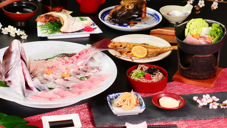 【食事】-グレードアップ-刺身皿盛りが付いた、山陰の魚介を食べつくすプラン。