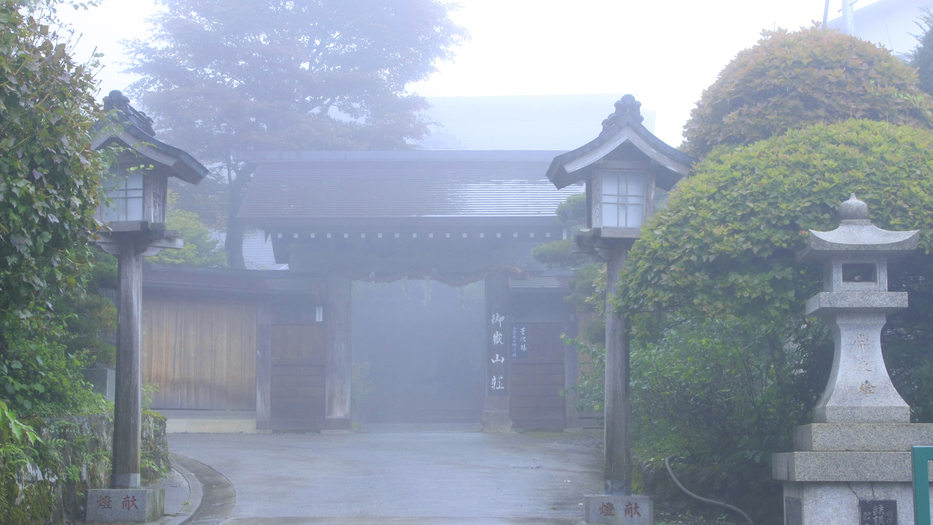 【入口朝は霧がかかり幻想的に】