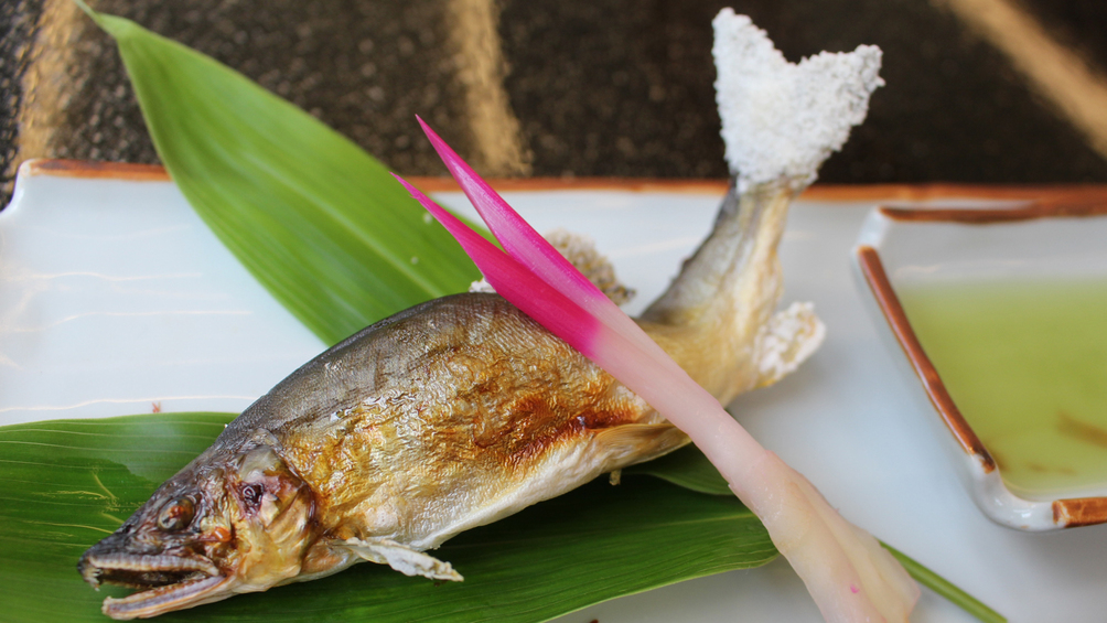 【夏メニュー鮎の塩焼き】別名”;香魚”;とも呼ばれる富山の夏の味覚ですシンプルな塩焼きをタデ酢で