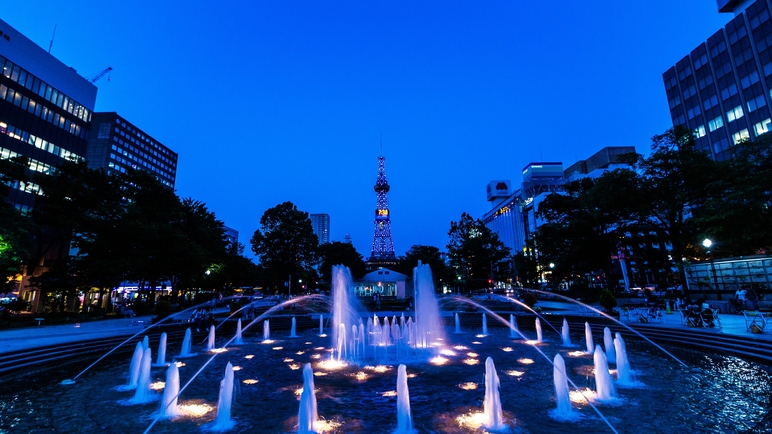 ライトアップされた夜の大通公園の噴水