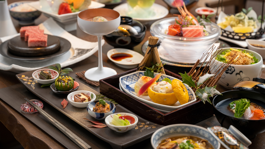 夕食一例創作会席料理イメージ※季節・仕入れ状況によるメニューが変わります。