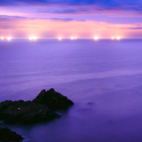 【漁火】を見るなら、イカ漁がピークの7〜8月がオススメ。海にきらめく光がイカを誘い出します。