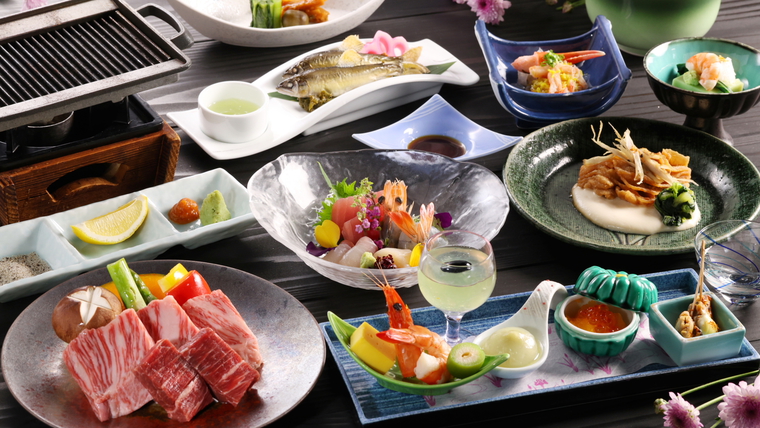  【彩の料理 夏 一例】女将太鼓判！長野県産霜降和牛の鉄板焼きなど、彩良いお料理の数々