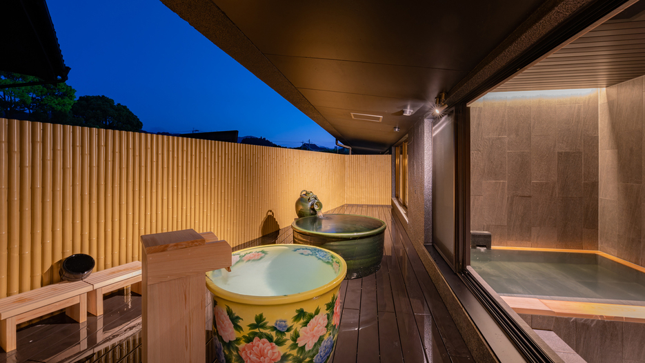 【モダン・スイート新月-shingetsu- 】2つの露天風呂1つは有田焼金龍窯の湯呑風呂
