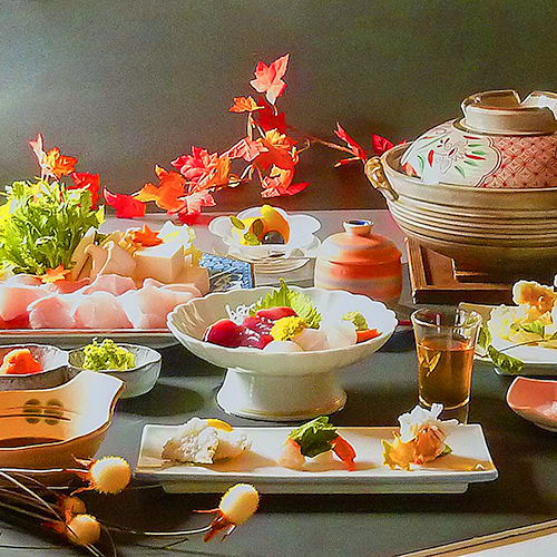 天然本クエ鍋プランの夕食です♪10月〜4月までの限定！さっぱり自家製柚子ポン酢でどうぞ！（一例）