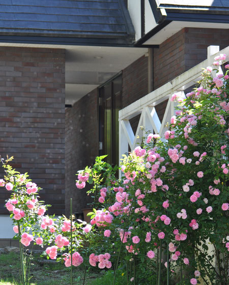 薔薇で囲まれたシャレーグリンデルのテラス