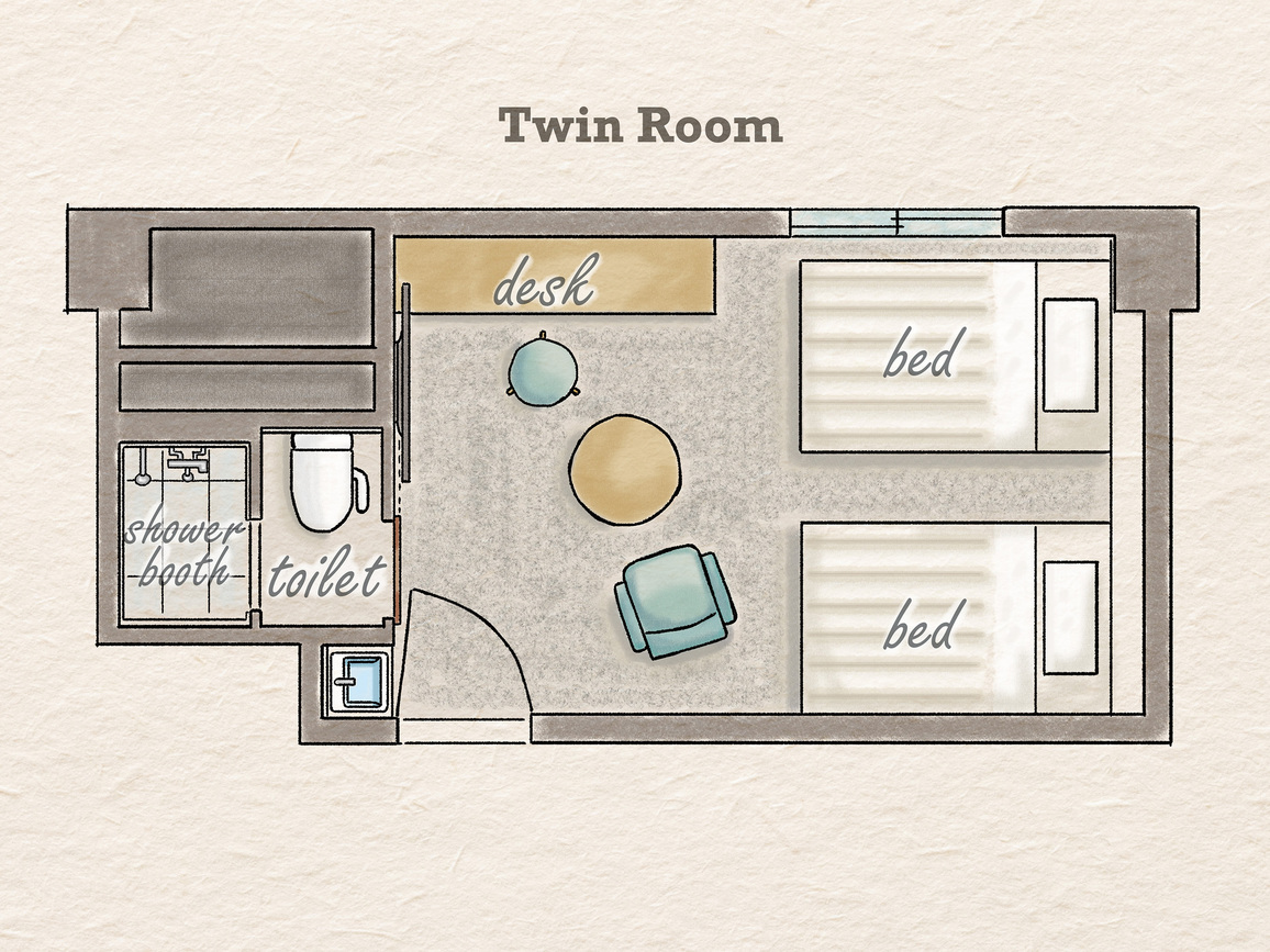 【ツインルーム間取り図】ベッド幅120ｃｍセミダブルサイズ×;2台完備。