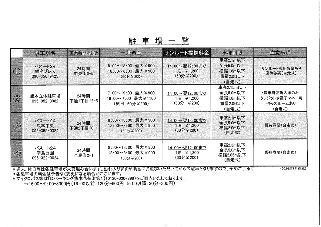 提携駐車場料金表