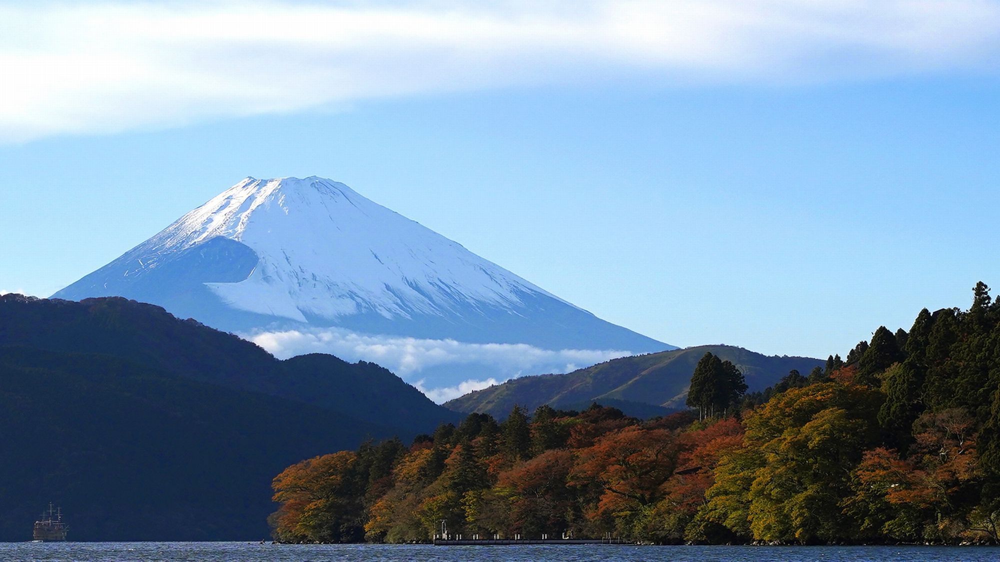 『芦ノ湖を一望する 湖畔和室』から望む富士山（お部屋によって見え方は異なります）