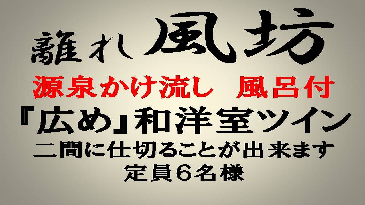 【離れ】風坊＿大人6名様まで宿泊可/和洋室ツインベッド/3名様〜布団/源泉かけ流し内湯付