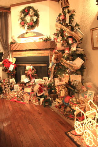 本物の暖炉の前はクリスマスがいっぱい