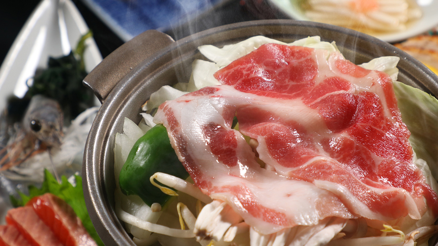 【夕食】 いのしし肉の陶板焼き＊