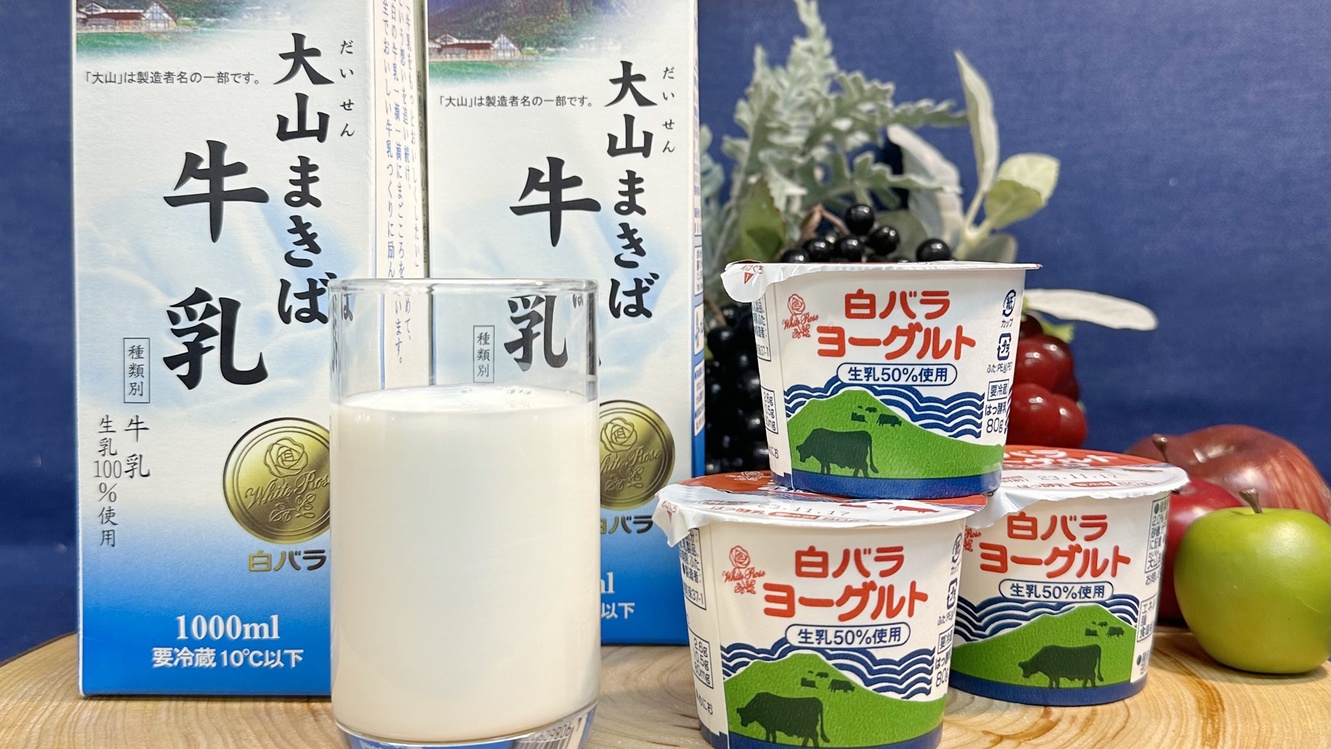 *【朝食一例】鳥取県のソウルドリンク白バラ牛乳！ヨーグルトや牛乳をご提供しています。