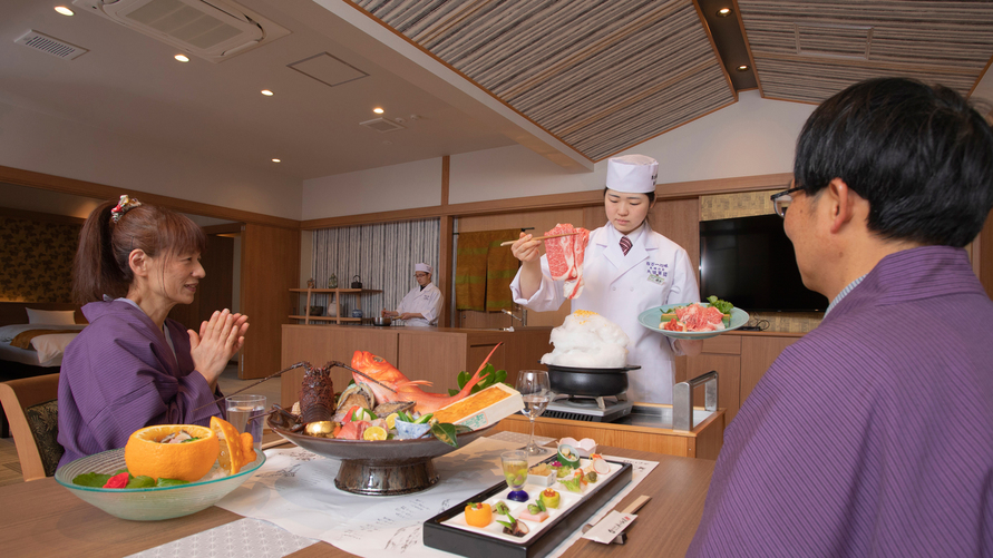 【別館1F貸切特別室「太閤」140平米】お部屋食（別料金）へ変更の際は板前がお部屋へ出張いたします。