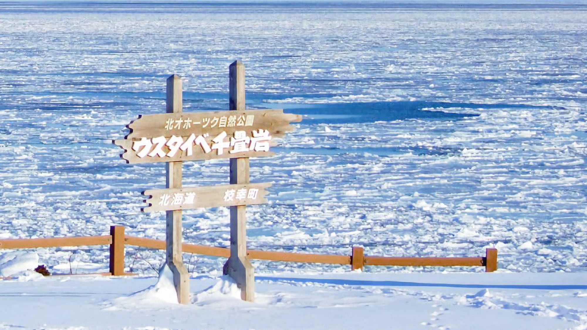 【ウスタイベ千畳岩】畳を敷き詰めたような岩々と純白の流氷が波打ち際まで広がります。