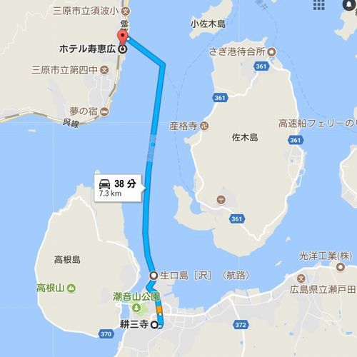googlemapより未来神の丘へは当館目の前の須波港からが便利