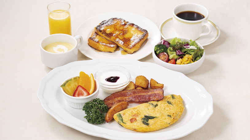 朝食・洋朝食（フレンチトースト）洋食セットのパンはフレンチトーストにもご変更出来ます。 