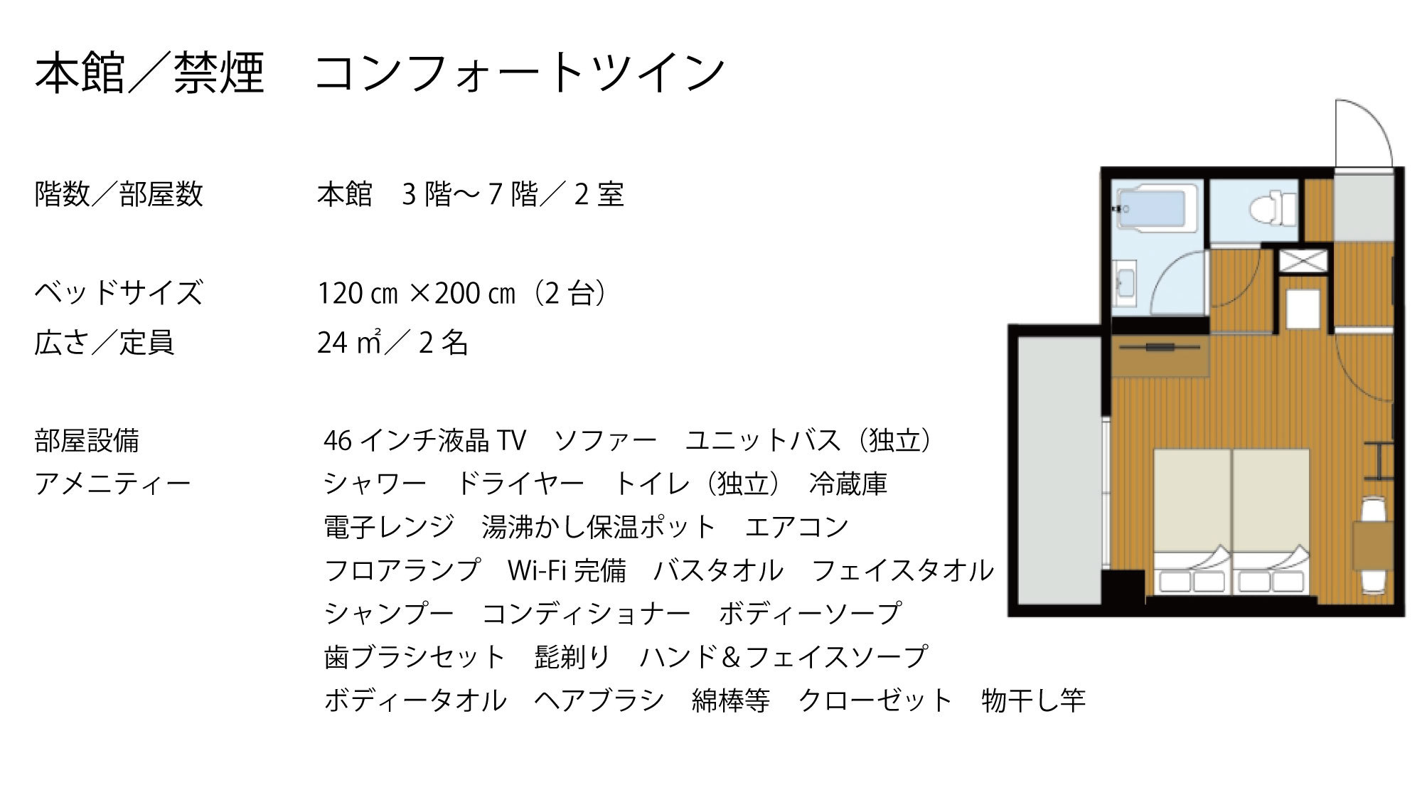 【本館／禁煙】コンフォートツイン  セミダブルベッド（2台）120×;200