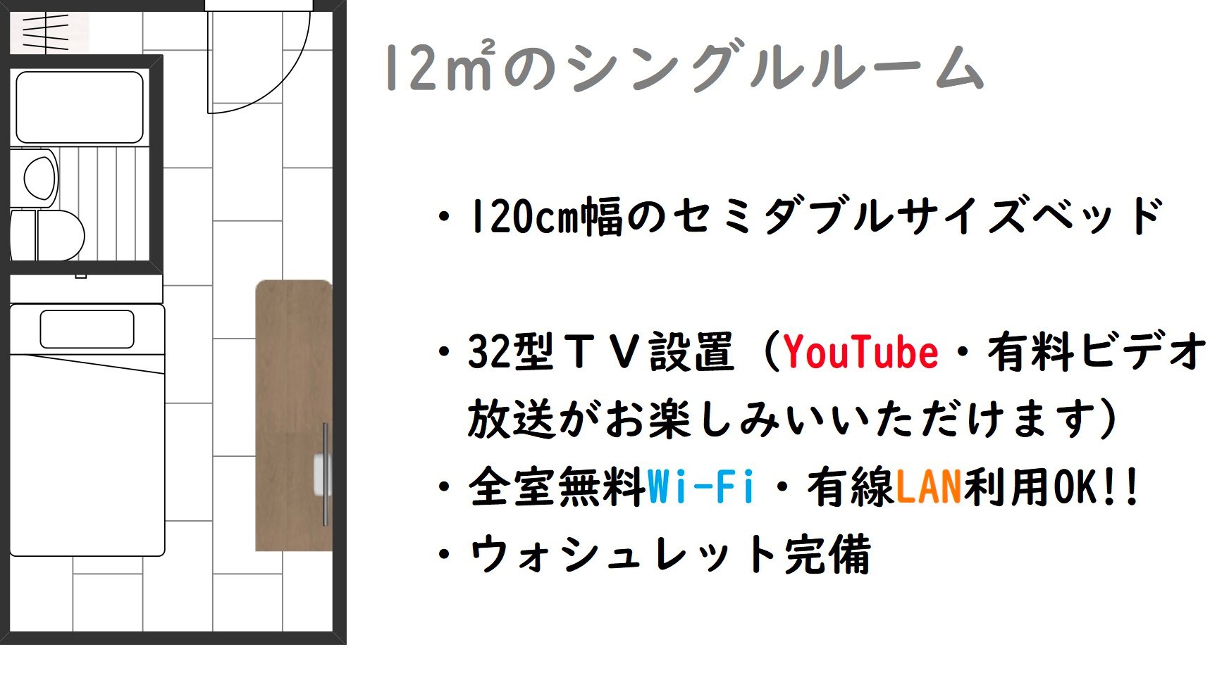 セミダブルサイズベッド一台・32型ＴＶ設置・無料Wi-Fi・有線LANあり