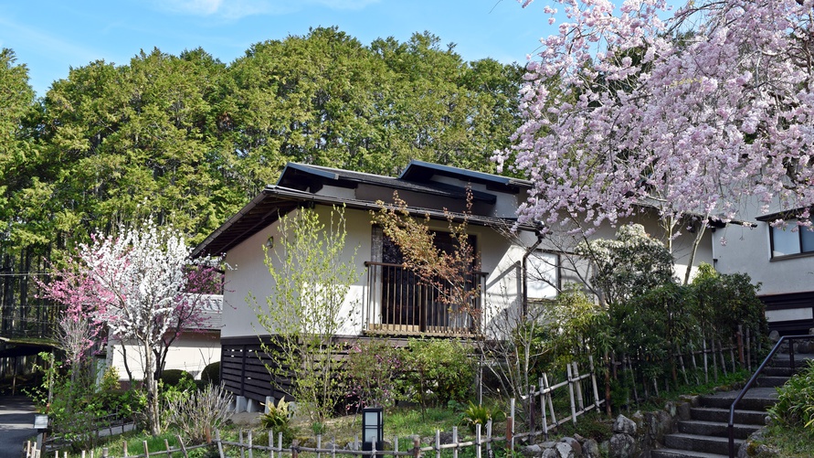 *【和洋室離れ】和室＋ツインベッドのお部屋です。春にはしだれ桜をお部屋からご覧いただけます