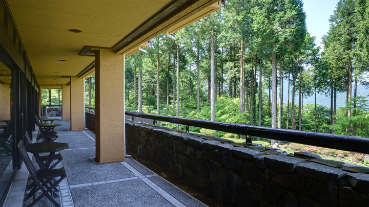 *【テラス】小鳥のさえずりを聞きながら過ごすひととき。森と芦ノ湖、そして富士山をご覧いただけます。