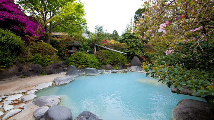 【女湯】四季折々の表情を見せる庭園露天風呂。別府でも珍しいブルーの濁り湯をお楽しみ下さい。