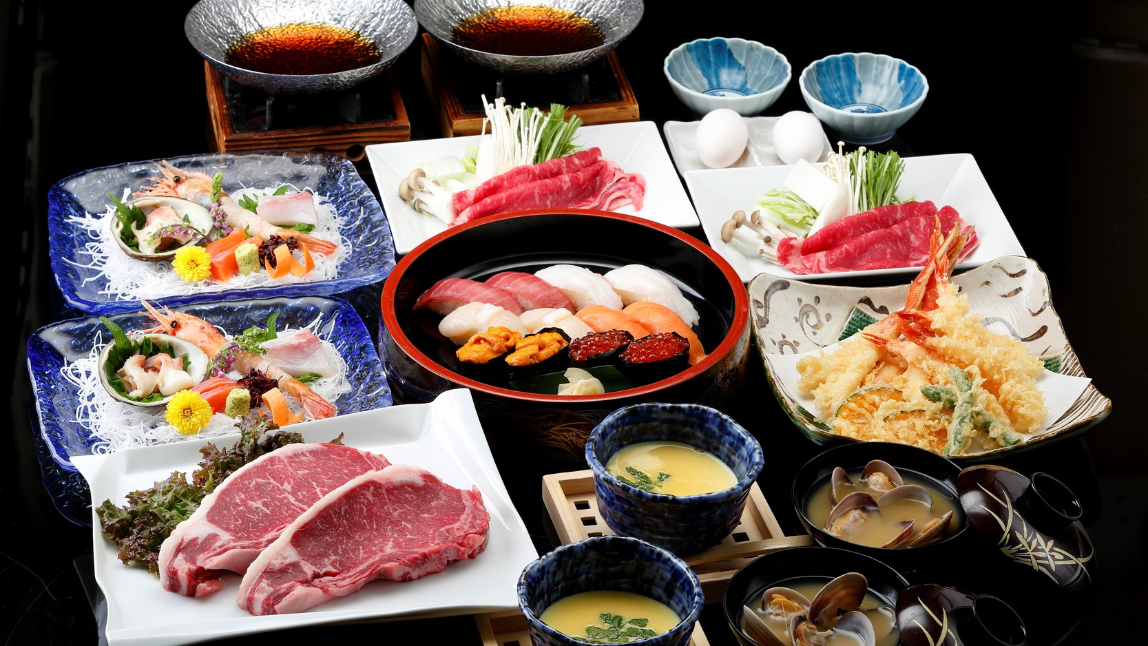 ４大夕食プラン〜ステーキ、寿司、天ぷら、すき焼き