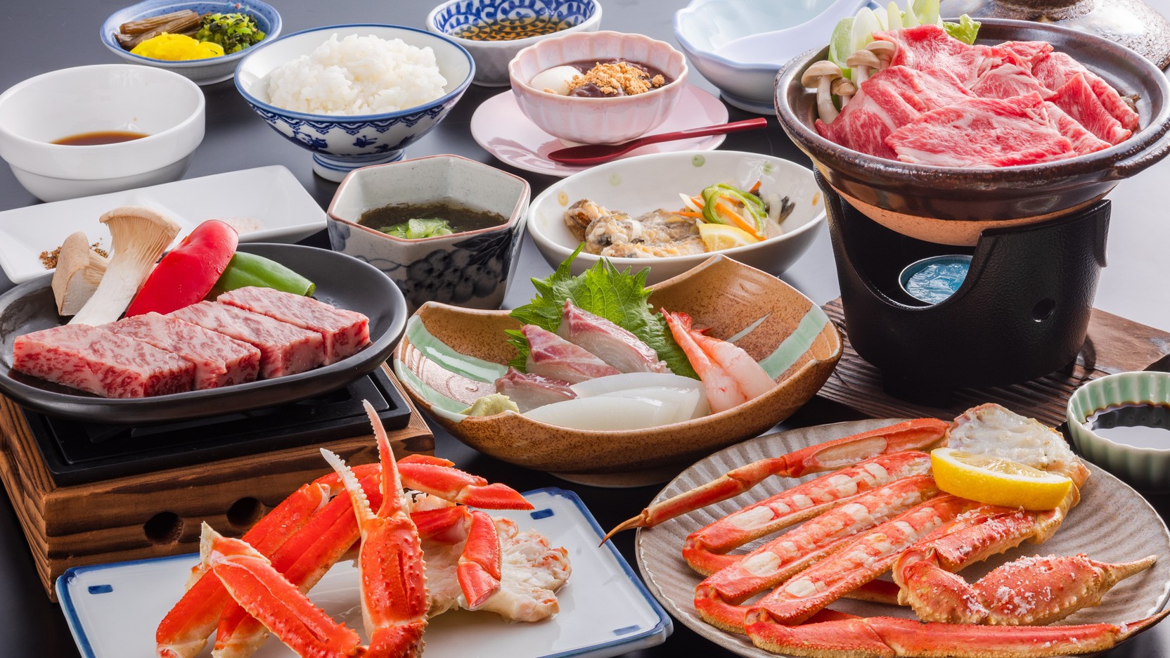 日本海のお刺身３種・但馬牛すき焼き鍋&和牛ステーキと焼きガニ&茹でガニ